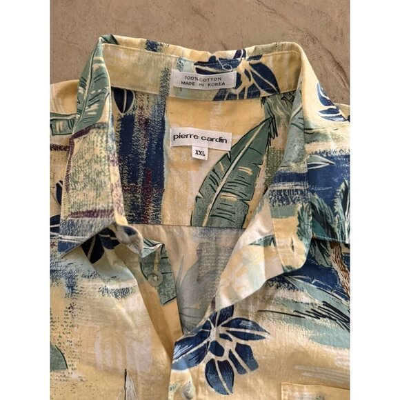 Pierre Cardin Hawaiian Shirt XL Tropical Floral Button Up Short Sleeve Yellow - Picture 3 of 9